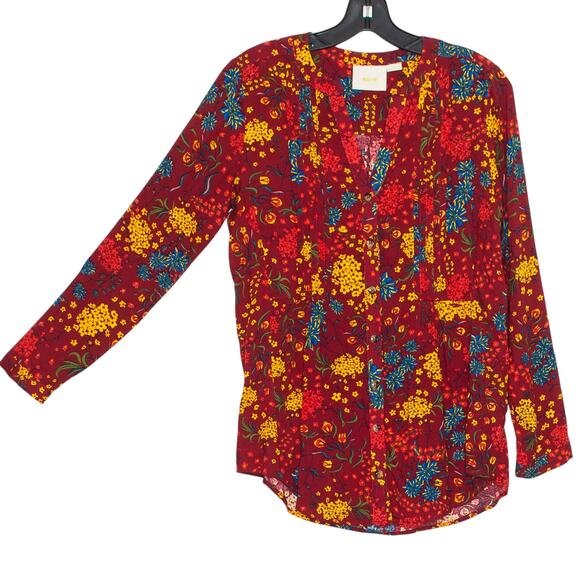 Maeve Top Boho Cottage Retro Whimsical Grandma Folk Floral Button Up Red Small - Picture 6 of 6